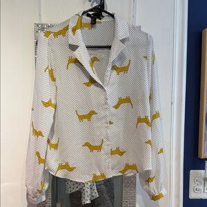 Forever 21 White and Yellow Dog Print Blouse